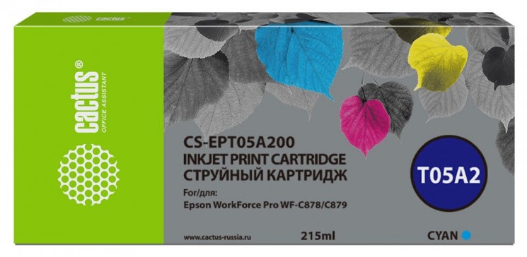 Картридж струйный Cactus CS-EPT05A200 (T05A2) для Epson WorkForce Pro WF-C878/ C879, Голубой (215 мл)