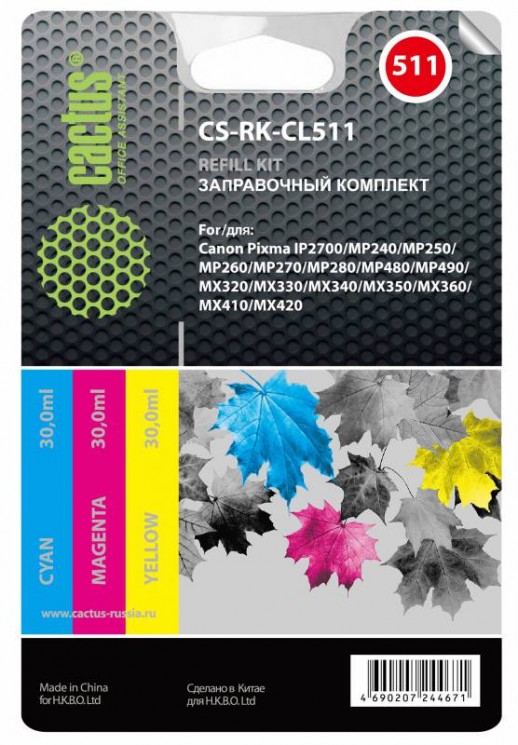 Заправка для ПЗК Cactus CS-RK-CL511 многоцветный 3x30мл для Canon MP240/MP250/MP260/MP270