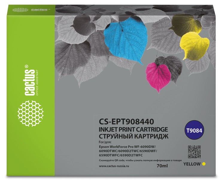 Картридж струйный Cactus T9084 (CS-EPT908440) для принтеров Epson WorkForce WF-6090DW/ WF-6590DWF Pro, желтый, 70 мл